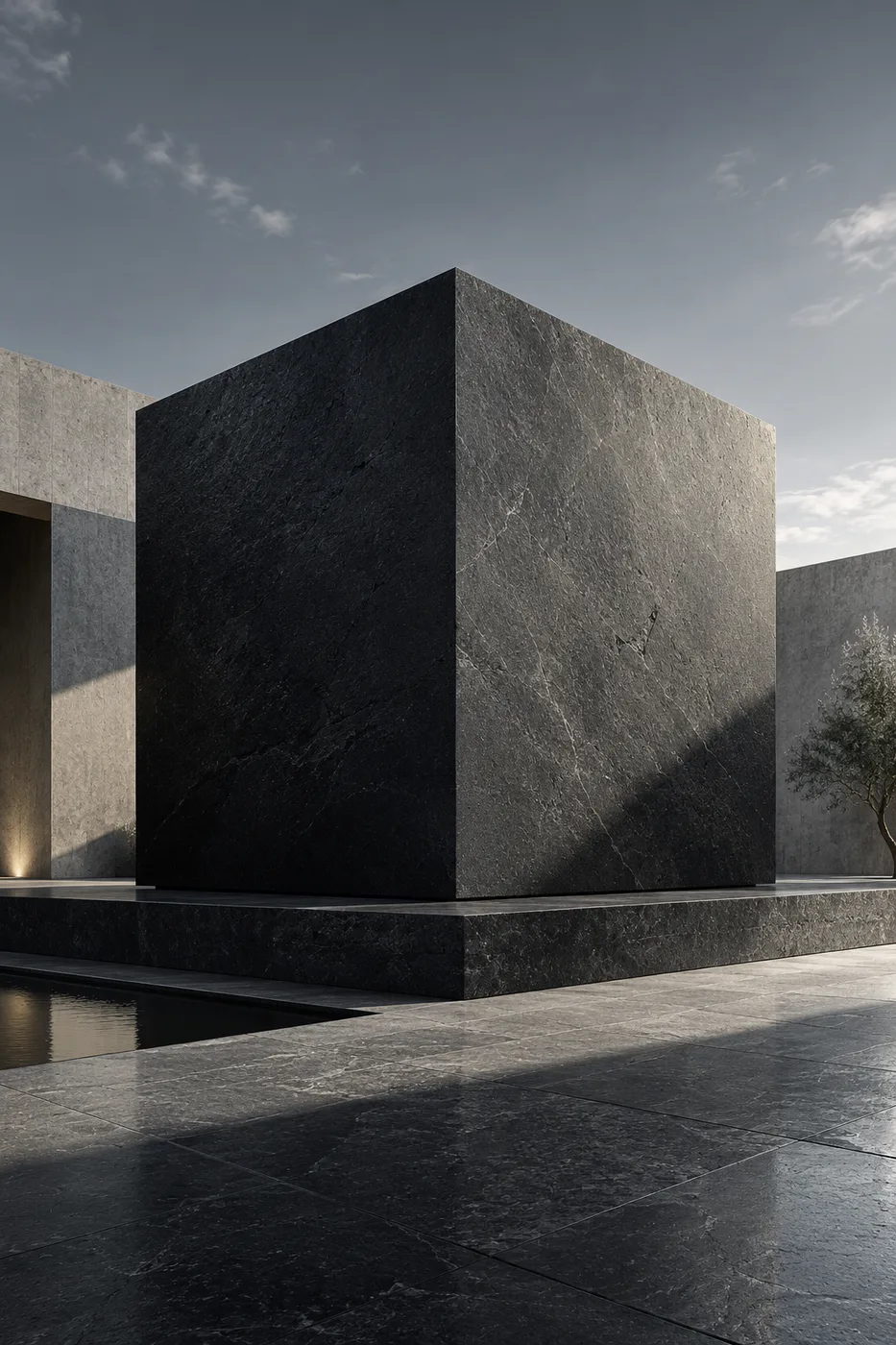 Monumental closed black stone cube in an architectural courtyard